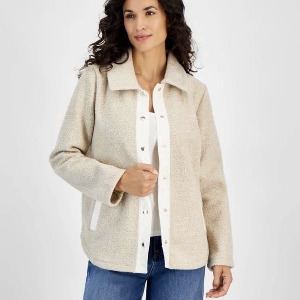 NWT Tommy Hilfiger Women's Snap-Front Sherpa Shacket Jacket White Cream Size M